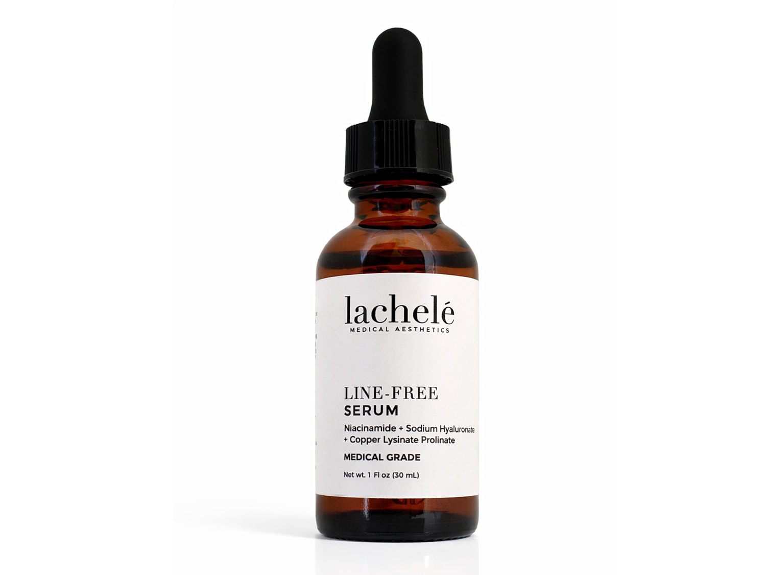 Line-free serum in amber glass bottle.